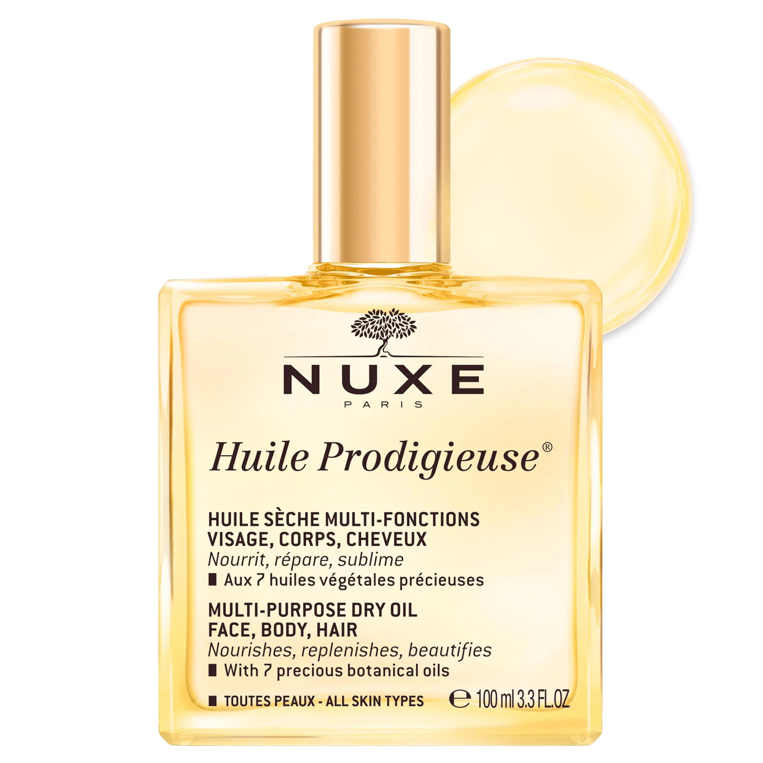 NUXE Huile Prodigieuse Multi-Purpose Dry Oil 100ml, Iconic Nourishing Oil, For Face, Body & Hair, Repairs & Enhances with Satin Finish, Vegan Formula