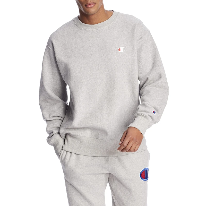 Champion Men's Crewneck, Reverse Weave, Heavyweight Fleece Sweatshirt, Oxford Gray Left Chest C, S
