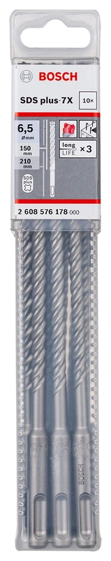 Bosch Professional 10-piece Hammer drill bit SDS plus 7X (for concrete and masonry, 6.5 x 150 x 215 mm, rotary hammer accessories)