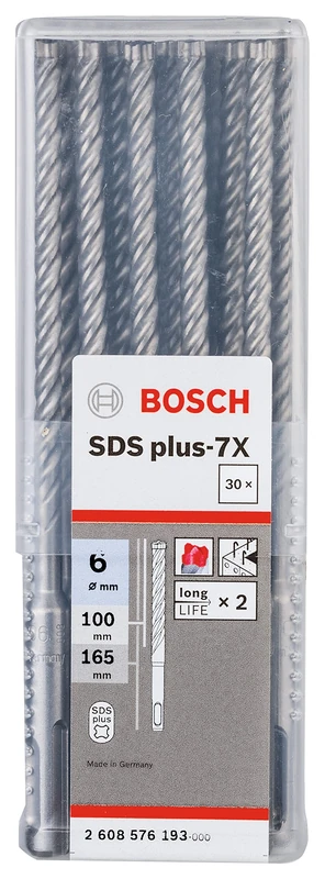 Bosch Professional 30-piece Hammer drill bit SDS plus 7X (for concrete and masonry, 6 x 100 x 165 mm, rotary hammer accessories)
