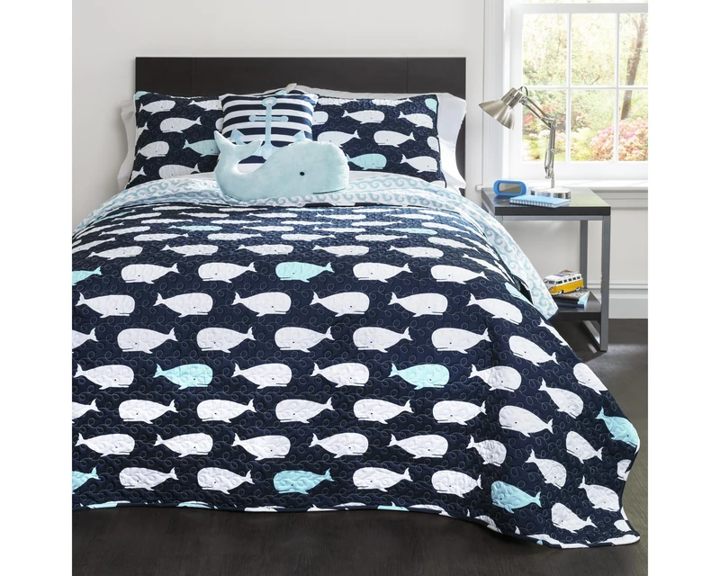 Lush Decor Kids Reversible 4 Piece Quilt Bedding Set with Sham and Decorative Throw Pillows, Polyester, Navy, Twin - Image 1