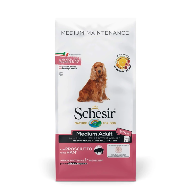 Schesir, Dry Food for Dogs Adult Medium Cut Ham, Keeping Line in Croquettes - Size Bag of 12 kg