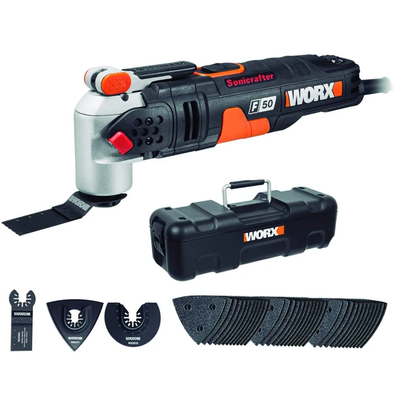 WORX WX681 Sonicrafter F50 Multifunktionswerkzeug 450w – Multitools inkl. Adapter für Universalzubehör, 35mm Standard End Cut Sägeblatt & 80mm HSS Sägeblatt halbrund