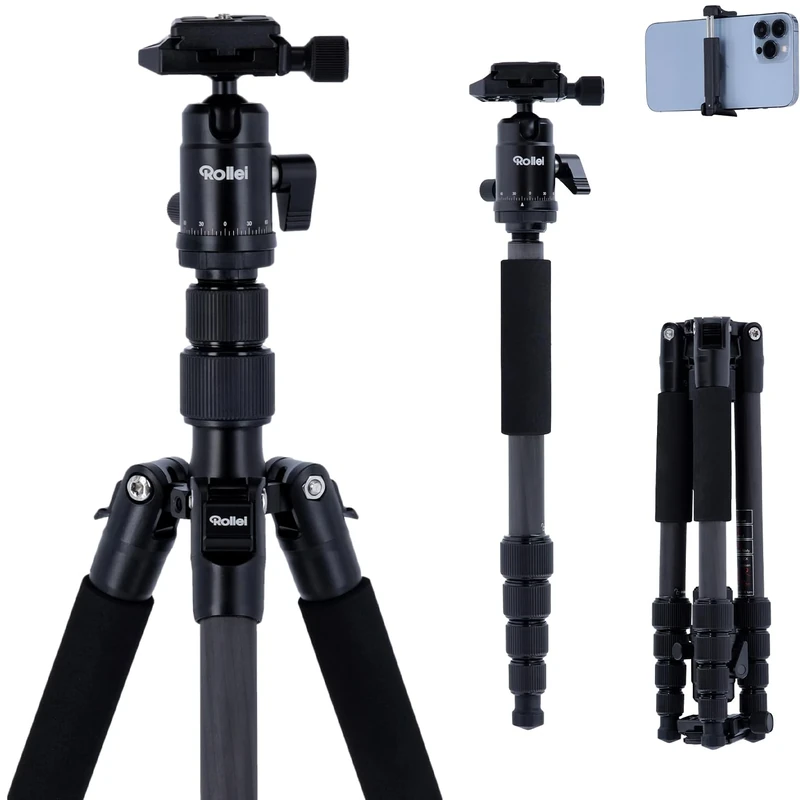 Rollei Compact Traveler No. 1 Tripod Carbon Black, Ultra Lightweight Travel Tripod with Ball Head/Phone Holder/Carry Bag Max Load 8kg DSLR Camera Tripod for Sony Canon Nikon,Tripod-Camera-Stand-Carbon