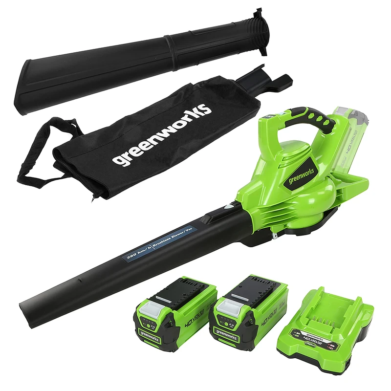 Greenworks GD40BVK2X Cordless Leaf Blow Vac with Brushless Motor, 280km/h, 9.63m³/min, 45L Mulching Bag , Two of 40V 2Ah Batteries & Charger, 3 Year Guarantee