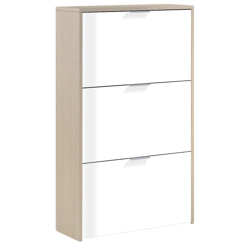 Habitdesign 3 Door Shoe Rack, Narrow Shoe Rack, Gloss White and Canadian Oak Finish, Measurements: 60 cm (W) x 113 cm (H) x 22 cm (D)