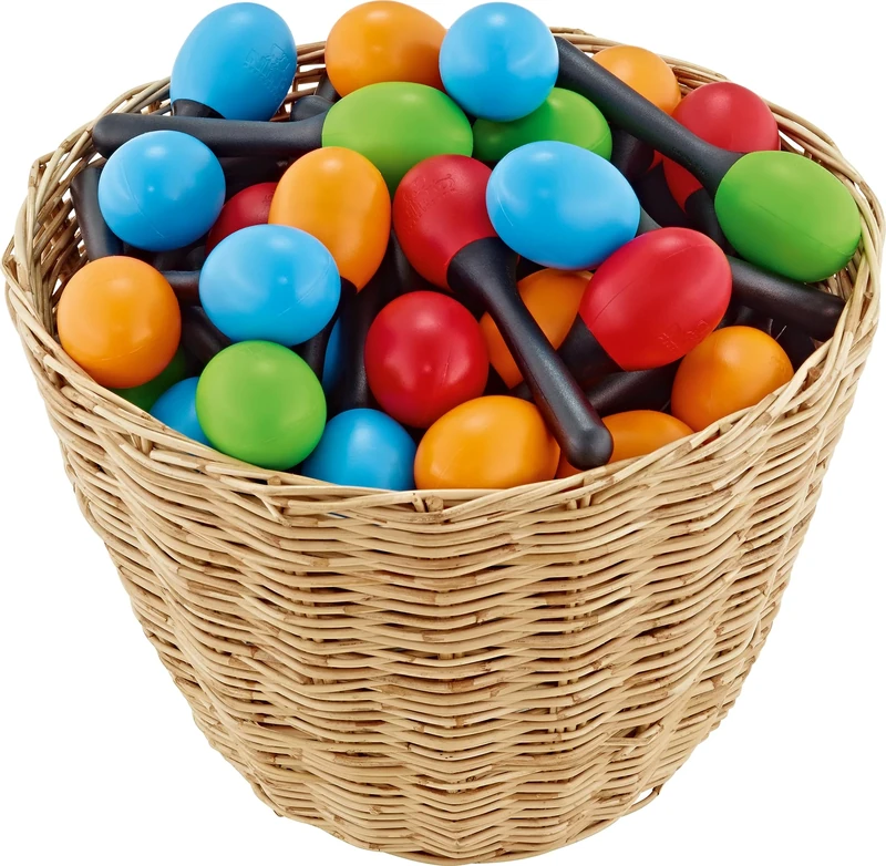 NINO® Percussion Plastic Egg Maracas Assortment, 48 Pcs. 12 x Green, 12 x Orange, 12 x Sky-Blue, 12 x Red, 1x Rattan Basket