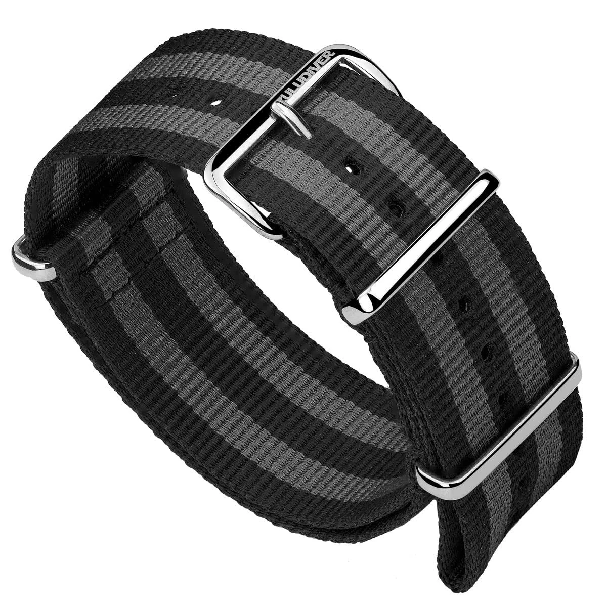 ZULUDIVER Classic Bond 1973 British Military Cadet. Black and Grey Nylon Mens Replacement Watch Strap. Rugged, Quick-Drying and Secure Wristwatch Strap for Outdoor Activities. Polished Buckle, 18 mm