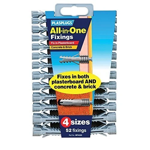 All in One Multi Purpose Multi Fix Use Assorted Size Wall Plugs Heavy Duty Raw Rawl Plug Fixings Brick Stone Cement Concrete Hollow Cavity Partition Partitioning Drywall Professional Hanging Clamps Screw Fixing in Different Sizes Pack of 52