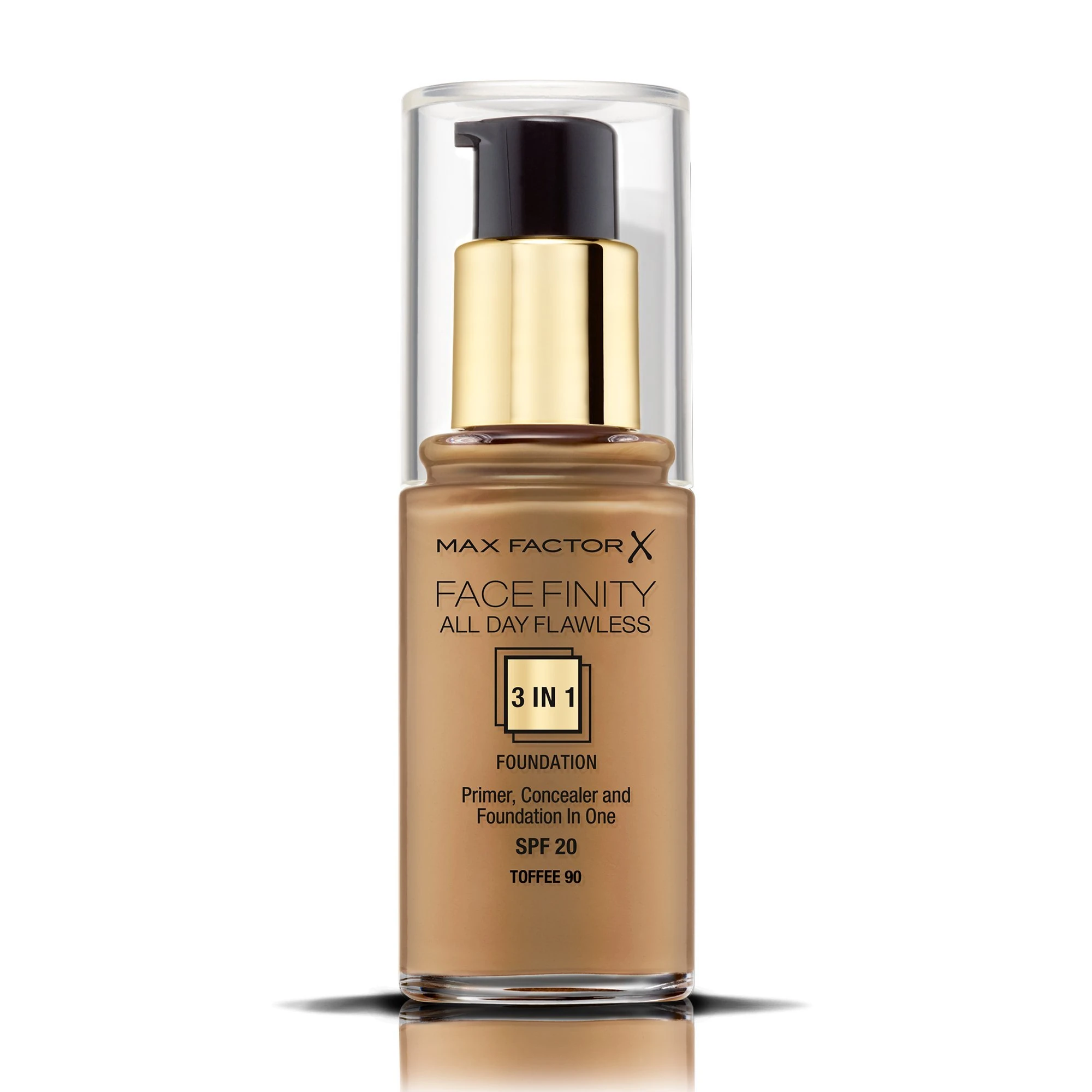 Max Factor Facefinity 3-in-1 All Day Flawless Liquid Foundation, SPF 20 - 90 Toffee, 30 ml (Packaging May Vary)