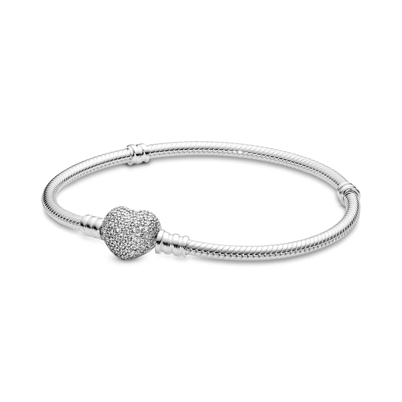 PANDORA Moments Women's Sterling Silver Sparkling Heart Clasp Cubic Zirconia Snake Chain Bracelet for Charms, Size 19