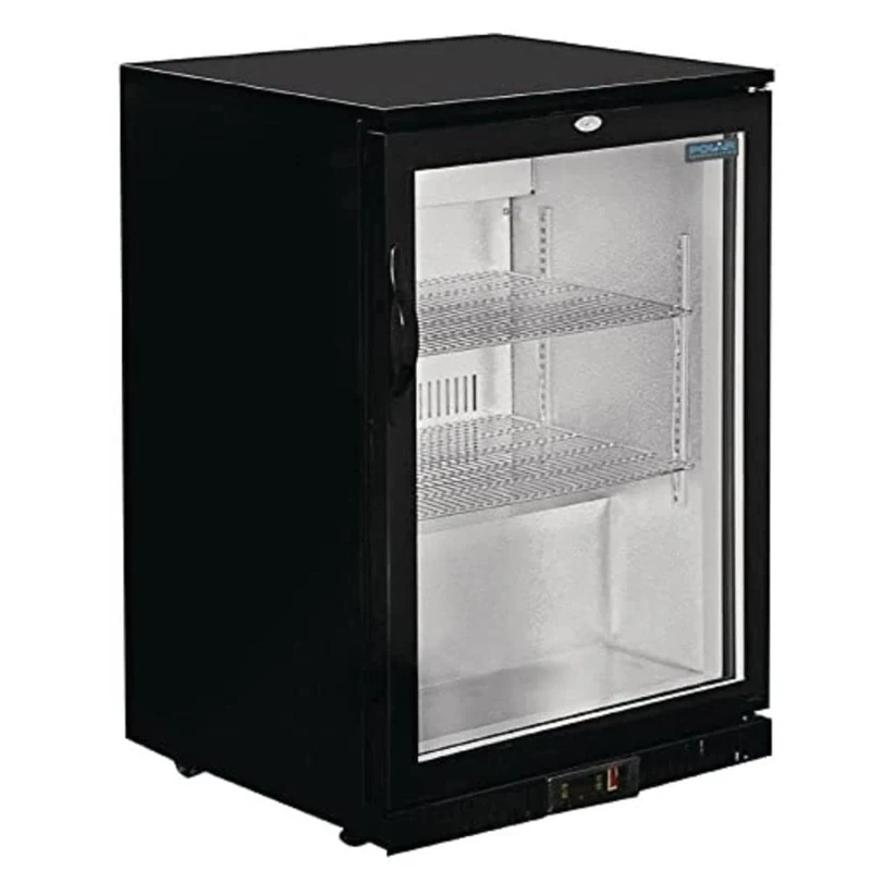 Polar Refrigeration G-Series 180W Back Bar Cooler Fridge with Hinged Door 138 Litre, Black, 2°C to 8°C, 900(H)x600(W)x520(D)mm, 2 Shelves, Capacity 108x 330ml Bottles, Energy Rating D | GL001