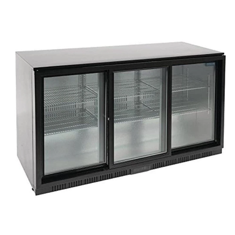 Polar Refrigeration G-Series 350W Back Bar Cooler Display Fridge 320 Litre, 3 Sliding Doors, Black, 2°C to 8°C, 850(H)x1350(W)x520(D)mm, 6 Shelves, Capacity 180x 330ml Bottles, Energy Rating E | GL013