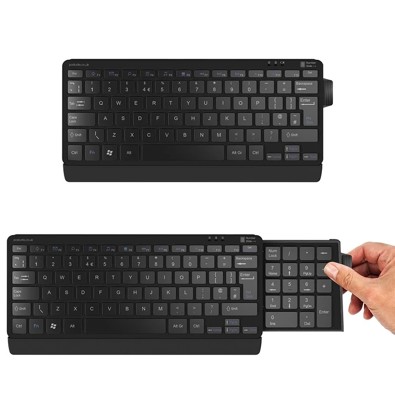 Posturite Retractable Number Slide Compact Keyboard, Slimline Ergonomic Profile, Wired USB Connectivity (Black)