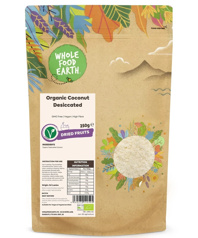 Wholefood Earth Organic Coconut Desiccated – 250g | GMO Free | Vegan | High Fibre | Certified Organic
