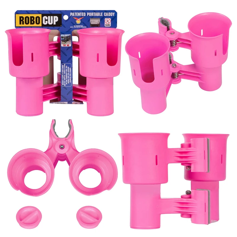 Robo Cup Double Cup Holder, Clip on Multiple Uses: Beverages, Fishing Rod, Tools, Drum Stick, Beach, Hot Pink