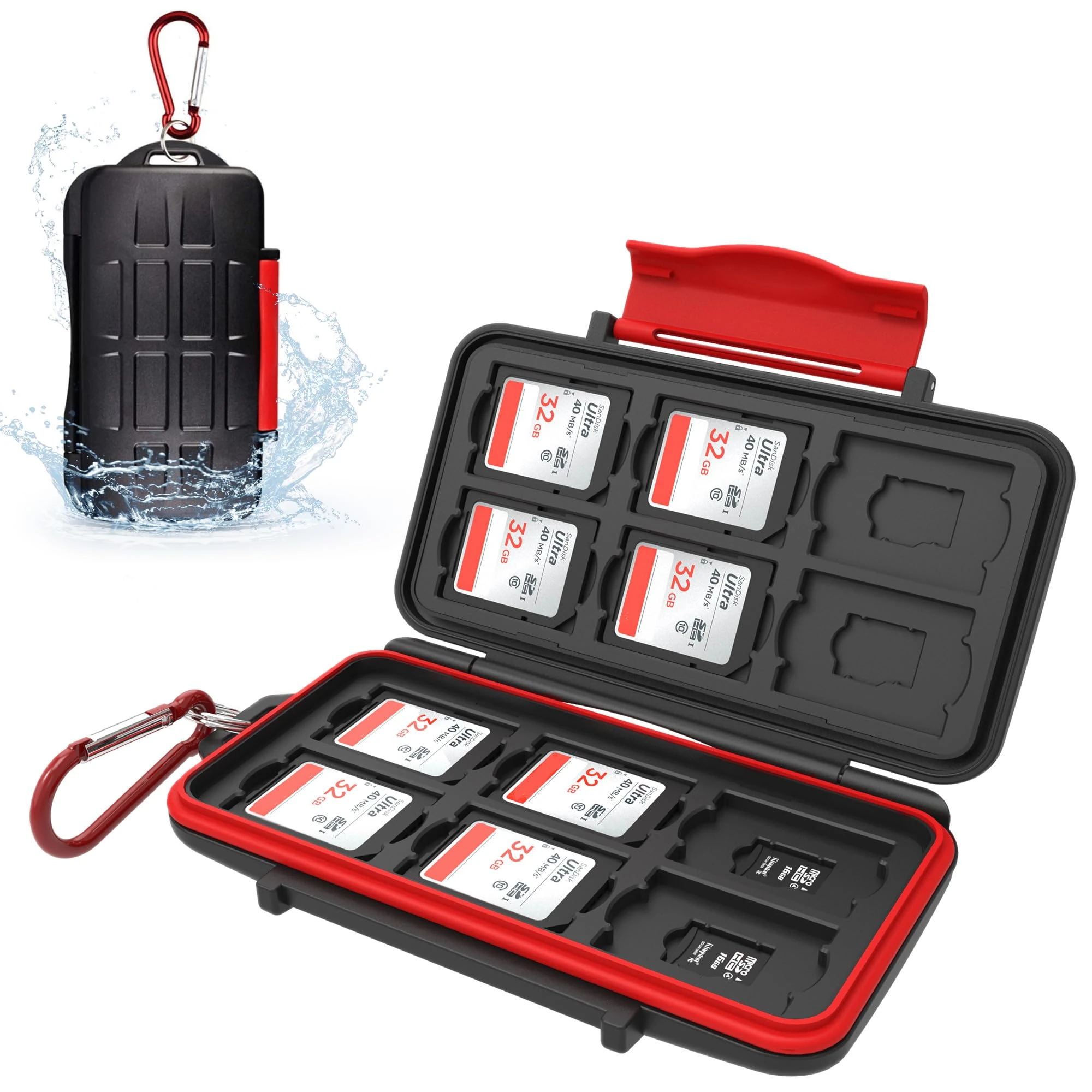 Kiorafoto Memory Card Case for 12+12 TF Micro SD Cards, Waterproof & Shockproof, Carabiner