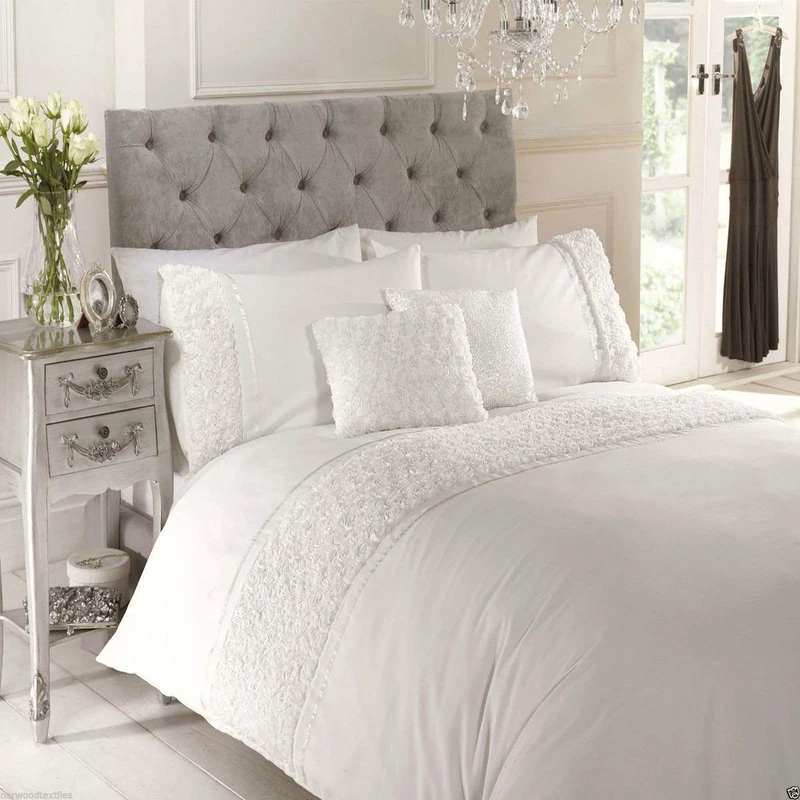 Rapport Home Rapport Duvet Quilt Cover Set Bedding Raised Rose & Ribbon Polycotton, Cotton and Polyester,White - Image 1