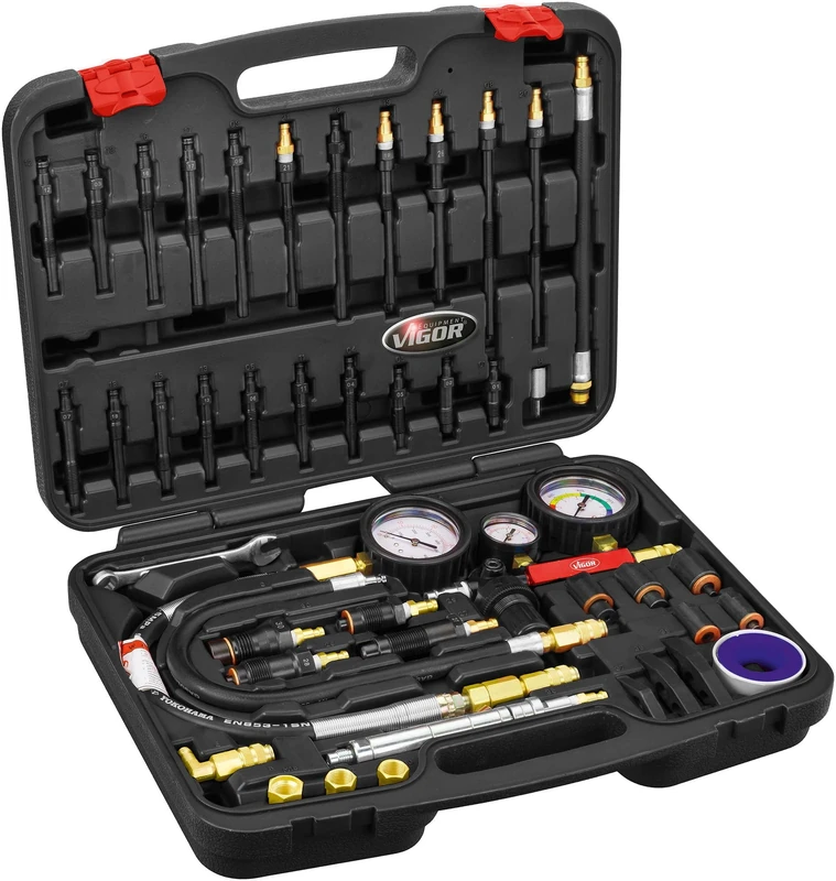 Set di Tester per compressione e perdita di pressione ViGOR V4461, per Motori Diesel e a benzina, Test professionali di compressione o perdita di pressione per la maggior Parte dei Motori di auto