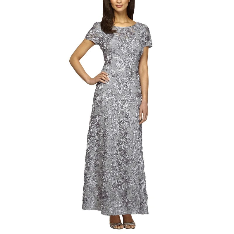 Alex Evenings Women's Long Rosette Lace Cap Sleeve Gown Special Occasion Dress, Dove, 12 - Image 1