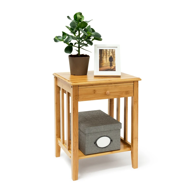 Relaxdays Bamboo Side Table with Drawer: 51.5 x 40.5 x 30.5 cm Night Stand End Table Small Sturdy Night Table with Addional Bottom Shelf, Wooden Coffee Table, Natural