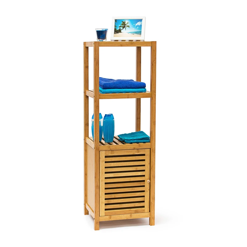 Relaxdays Bamboo Bathroom Shelf with 4 Shelves, 110 x 36.5 x 33 cm, Rack with Wooden Door Free-Standing Shelf Wood 4-Tier Stand, Natural Colour