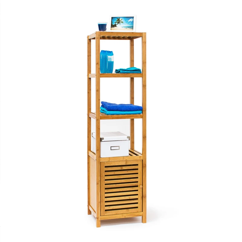 Relaxdays Bamboo Bathroom Shelf with 5 Shelves, 140 x 36.5 x 33 cm, Rack with Wooden Door Free-Standing Shelf Wood 5-Tier Stand, Natural Colour