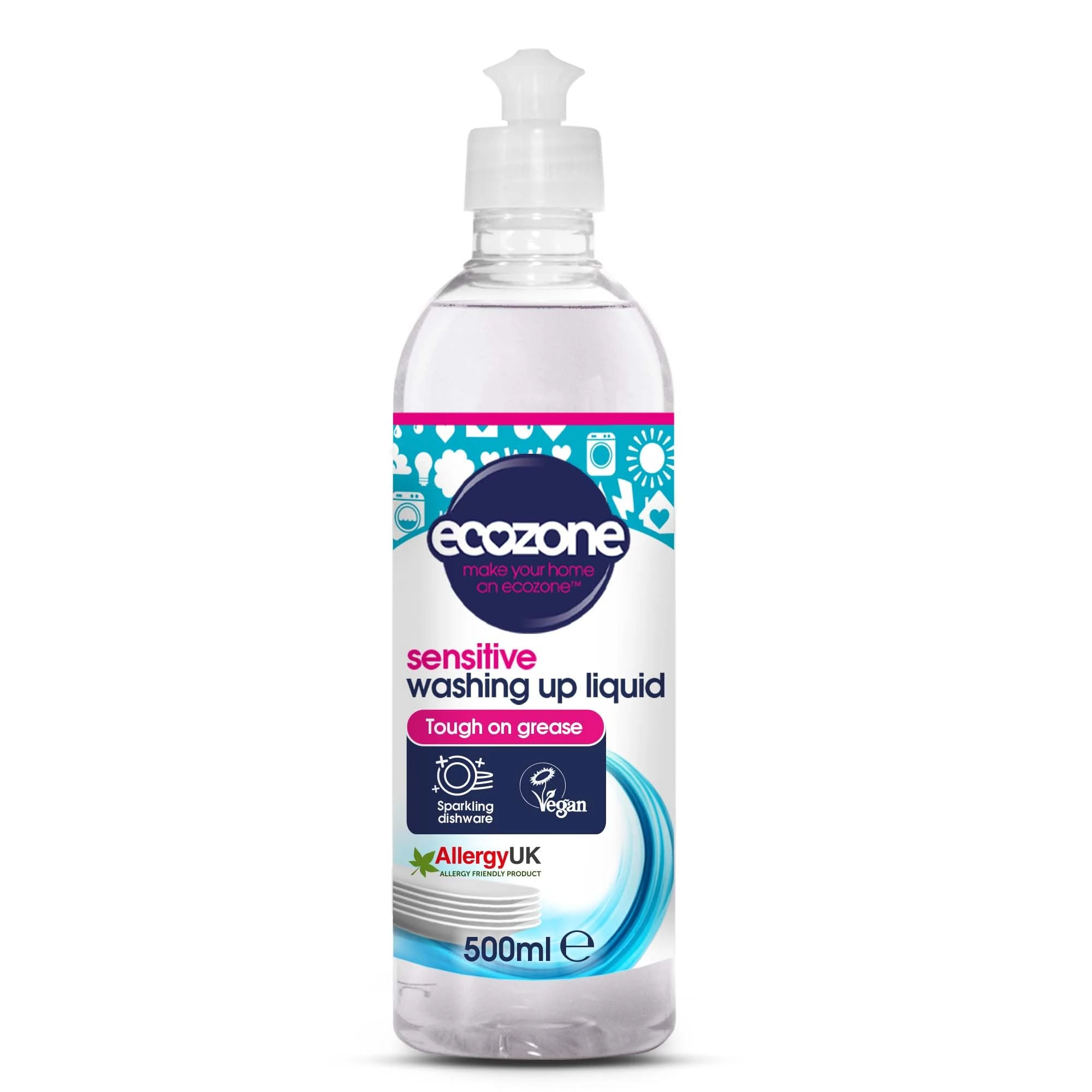 Ecozone Sensitive Washing Up Liquid, Bio Washing Up Liquid Fragrance Free, Wash Up Liquid & Dish Washing Detergent, Eco Washing Up Liquid, Vegan Friendly Kitchen Cleaner & Eco Cleaning Product (500ml)
