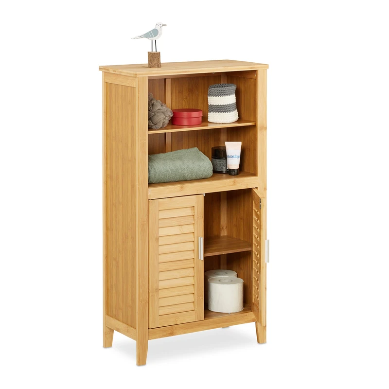 Relaxdays LAMELL Bamboo Bathroom Cabinet 100x200 with 2 Handles & Doors, Bathroom Cabinet or Telephone Shelf, Bathroom Cabinet Cupboard with Shelves Wooden Telephone Table, Natural
