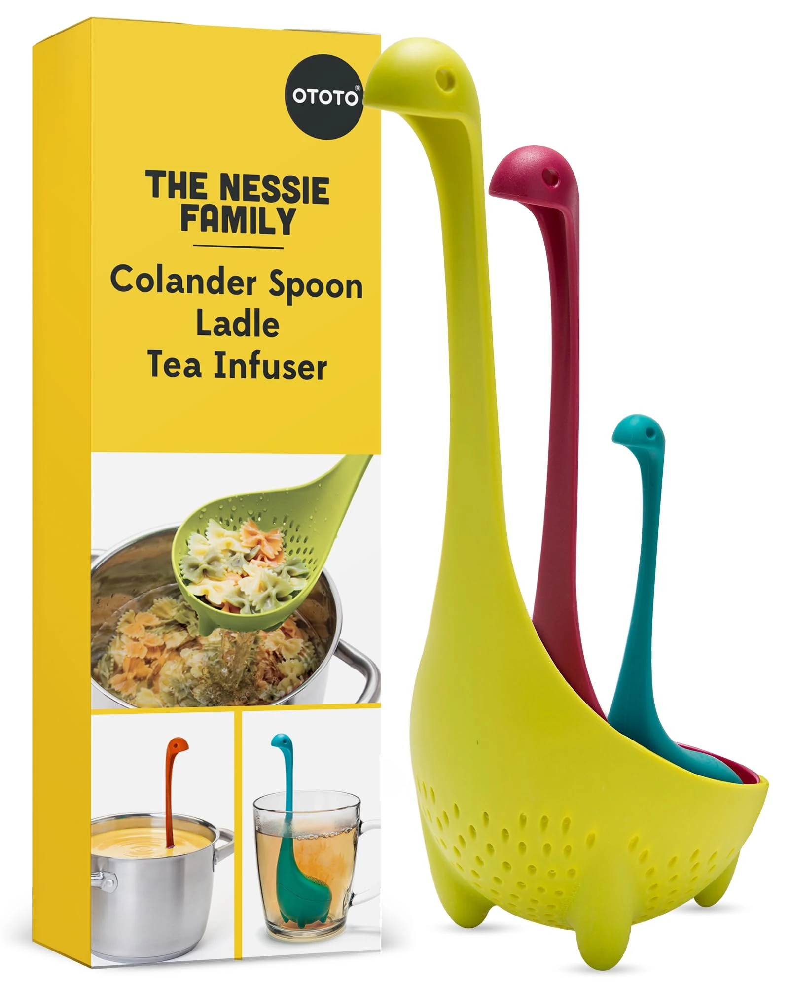 OTOTO The Nessie Family - Pack of 3 Tea Infuser, Soup Ladle, and Colander - Cute Kitchen Accessories, Cooking Gifts, Funny Kitchen Gadgets