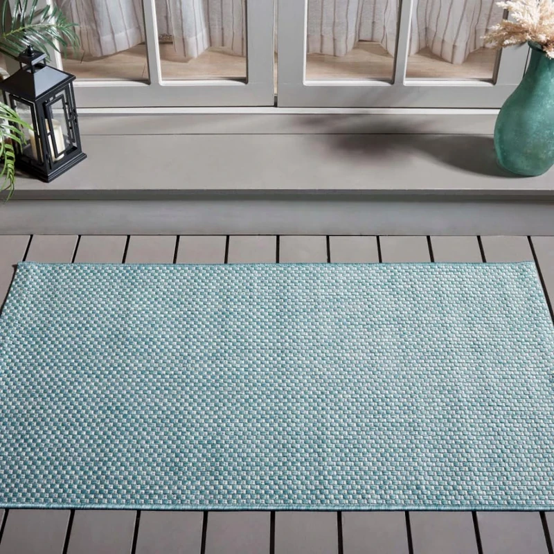 Safavieh Contemporary Indoor/Outdoor Woven Rectangle Area Rug, Courtyard Collection, CY8521, in Aqua / Grey, 79 X 152 cm for Garden, Patio or Any Outdoor Space