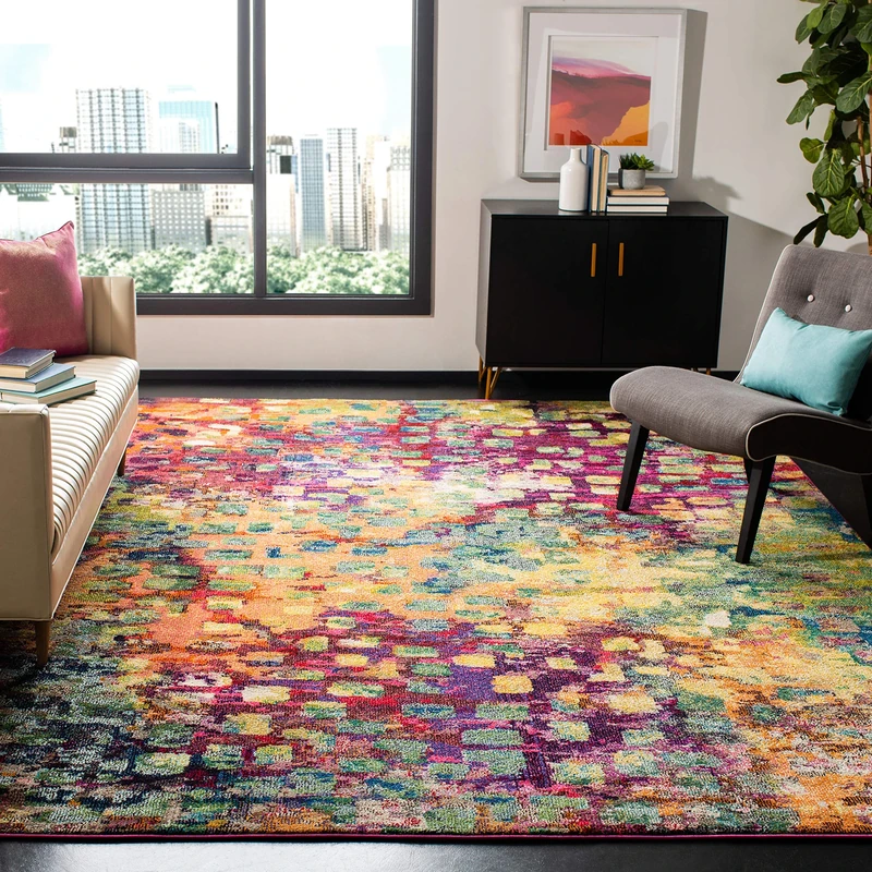 SAFAVIEH Boho Rug for Living Room, Dining Room, Bedroom - Monaco Collection, Short Pile, in Pink and Multi, 160 x 160 cm