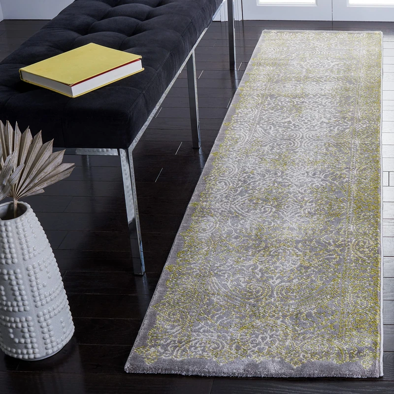 SAFAVIEH Glam Rug for Living Room, Dining Room, Bedroom - Passion Collection, Short Pile, in Grey and Green, 66 X 244 cm