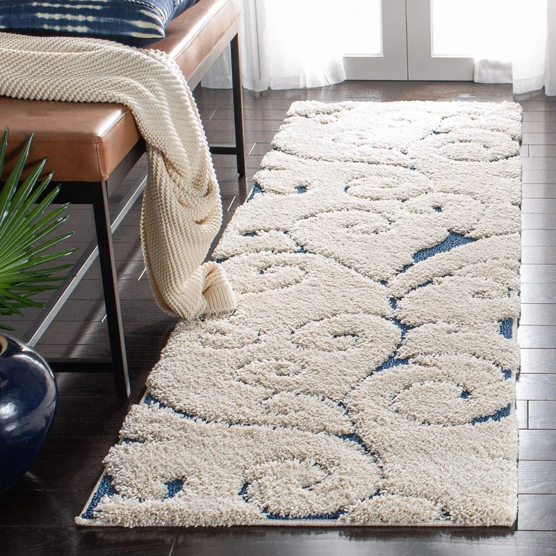 Safavieh Shaggy Indoor Woven Runner Area Rug, Florida Shag Collection, SG455, in Cream / Blue, 69 X 213 cm for Living Room, Bedroom or Any Indoor Space