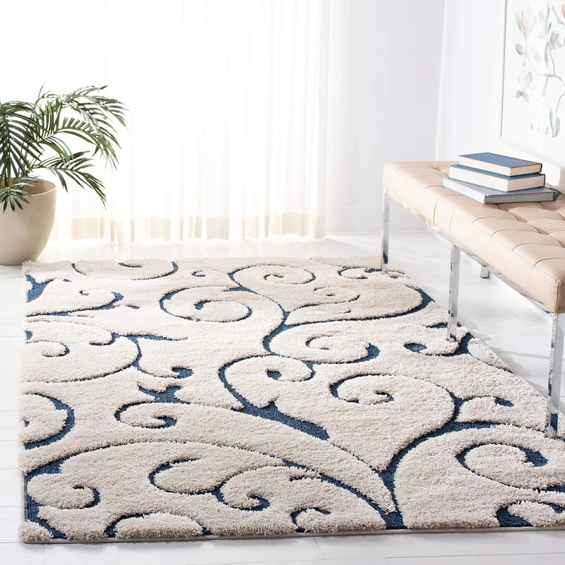Safavieh Shaggy Indoor Woven Rectangle Area Rug, Florida Shag Collection, SG455, in Cream / Blue, 99 X 160 cm for Living Room, Bedroom or Any Indoor Space