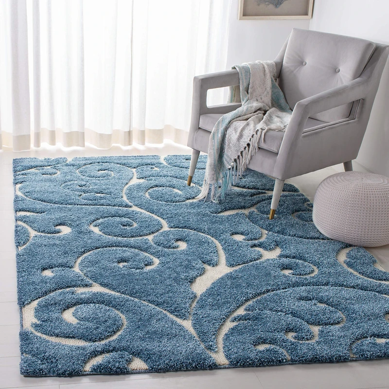 Safavieh Shaggy Indoor Woven Rectangle Area Rug, Florida Shag Collection, SG455, in Light Blue/Cream, 160 x 229 cm for Living Room, Bedroom or Any Indoor Space