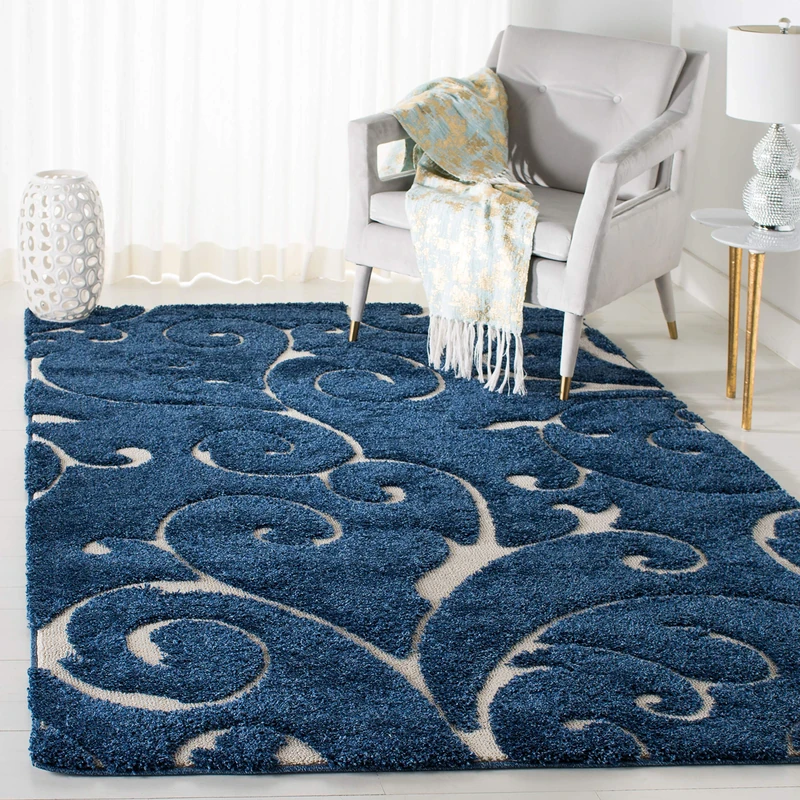 Safavieh Shaggy Indoor Woven Rectangle Area Rug, Florida Shag Collection, SG455, in Dark Blue/Cream, 183 x 274 cm for Living Room, Bedroom or Any Indoor Space