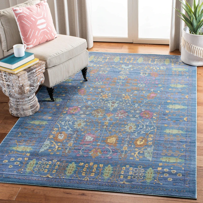 SAFAVIEH Boho Rug for Living Room, Dining Room, Bedroom - Valencia Collection, Short Pile, in Blue and Multi, 122 X 183 cm