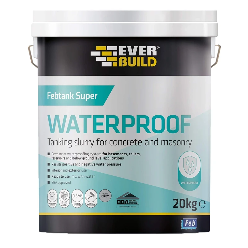 Everbuild Febtank Super Waterproof Tanking Slurry Coating for Concrete and Masonry - Suitable for Interior and Exterior Use - Grey - 20 kg
