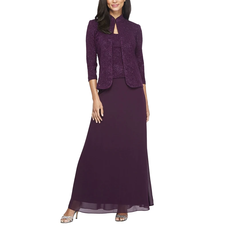 Alex Evenings Women's Long Dress with Mandarin Neckline Jacket (Regular Petite Plus) Special Occasion, Eggplant, 20