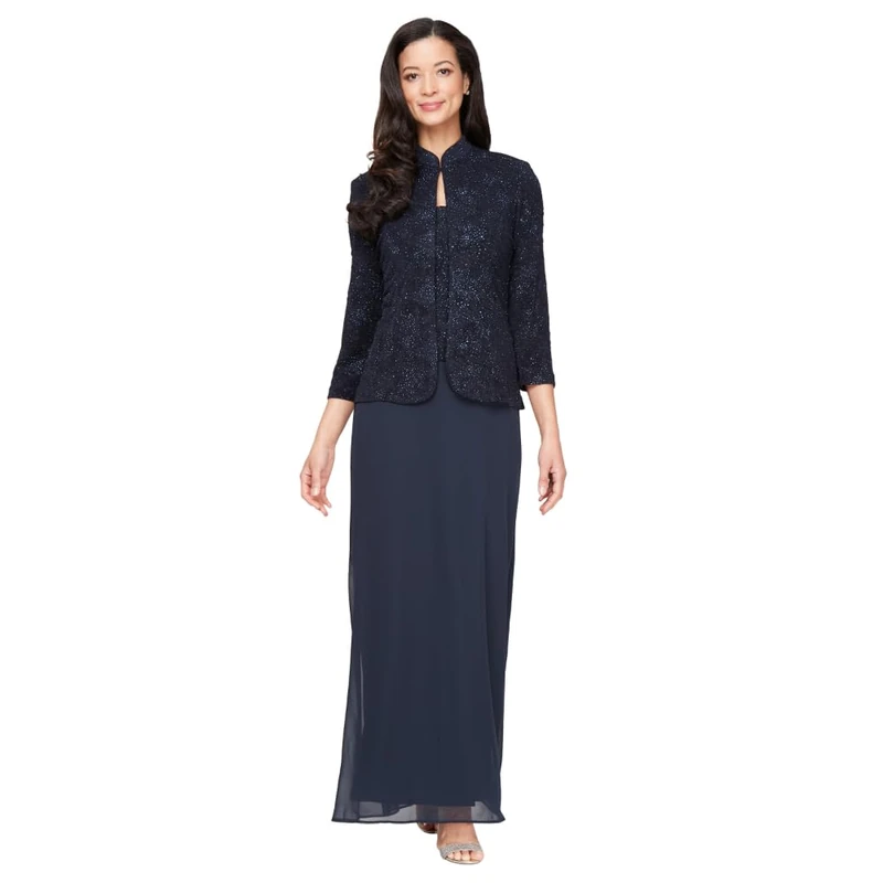 Alex Evenings Women's Long Dress with Mandarin Neckline Jacket (Regular Petite Plus), Navy, 20