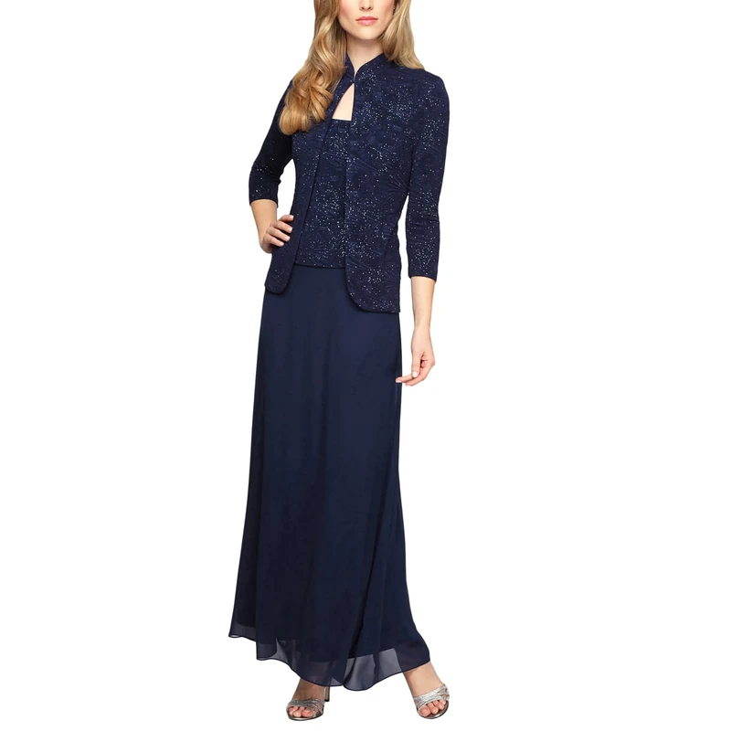Alex Evenings Women's Jacquard Long Dress Mandarin-Neck Jacket (Petite Regular) Special Occasion, Navy, 12