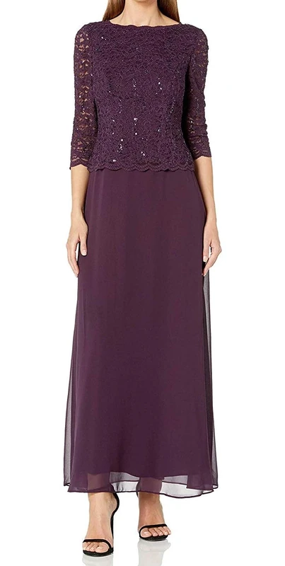 Alex Evenings Women's 3/4 Sleeve Stretch Lace Bodice One Piece Mother of The Bride Dress (Petite and Regular Sizes) Special Occasion, Deep Plum, 12