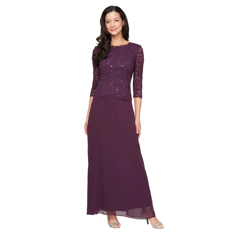 Alex Evenings Women's 3/4 Sleeve Stretch Lace Bodice Mock One Piece Gown Special Occasion Dress, Deep Plum, 10 UK