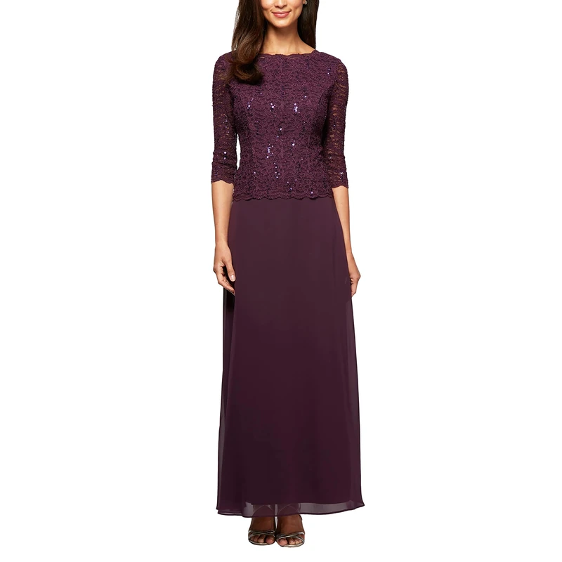 Alex Evenings Women's 3/4 Sleeve Stretch Lace Bodice One Piece Mother of The Bride Dress (Petite and Regular Sizes) Special Occasion, Deep Plum, 22