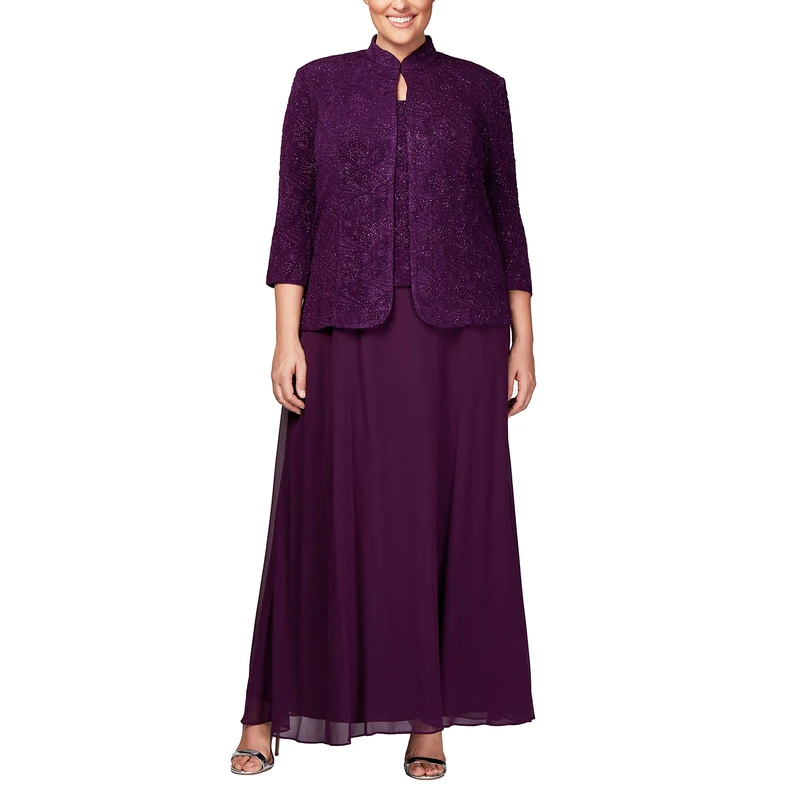 Alex Evenings Women's Long Dress with Mandarin Neckline Jacket (Regular Petite Plus) Special Occasion, Eggplant, 20
