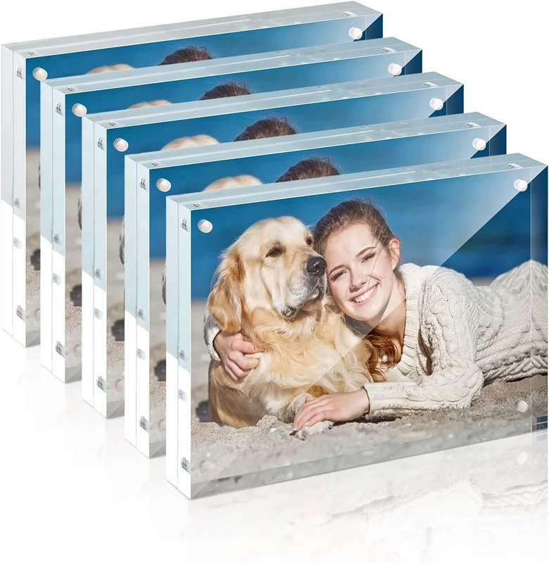 TWING Acrylic Photo Frames, Set of 5 Acrylic Frames,Horizontal Magnet Double-Sided 4" x 6" Picture Frame, 12+12mm Thick Clear Frameless Standing Self Standing Magnetic Acrylic Block Photo Frame
