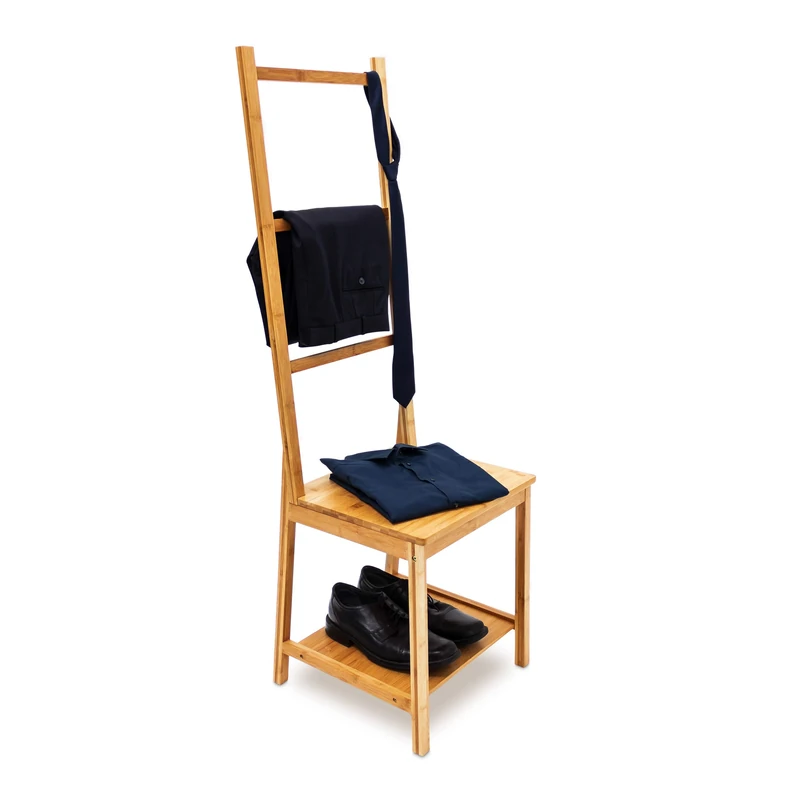 Relaxdays Bamboo Clothes Valet Chair 133 x 40 x 42 cm with 2 Shelves Wooden Clothes Stand with 3 Rails, Ideal For Moist Rooms, Clothing Organiser with Towel Holder Rack Stand, Natural