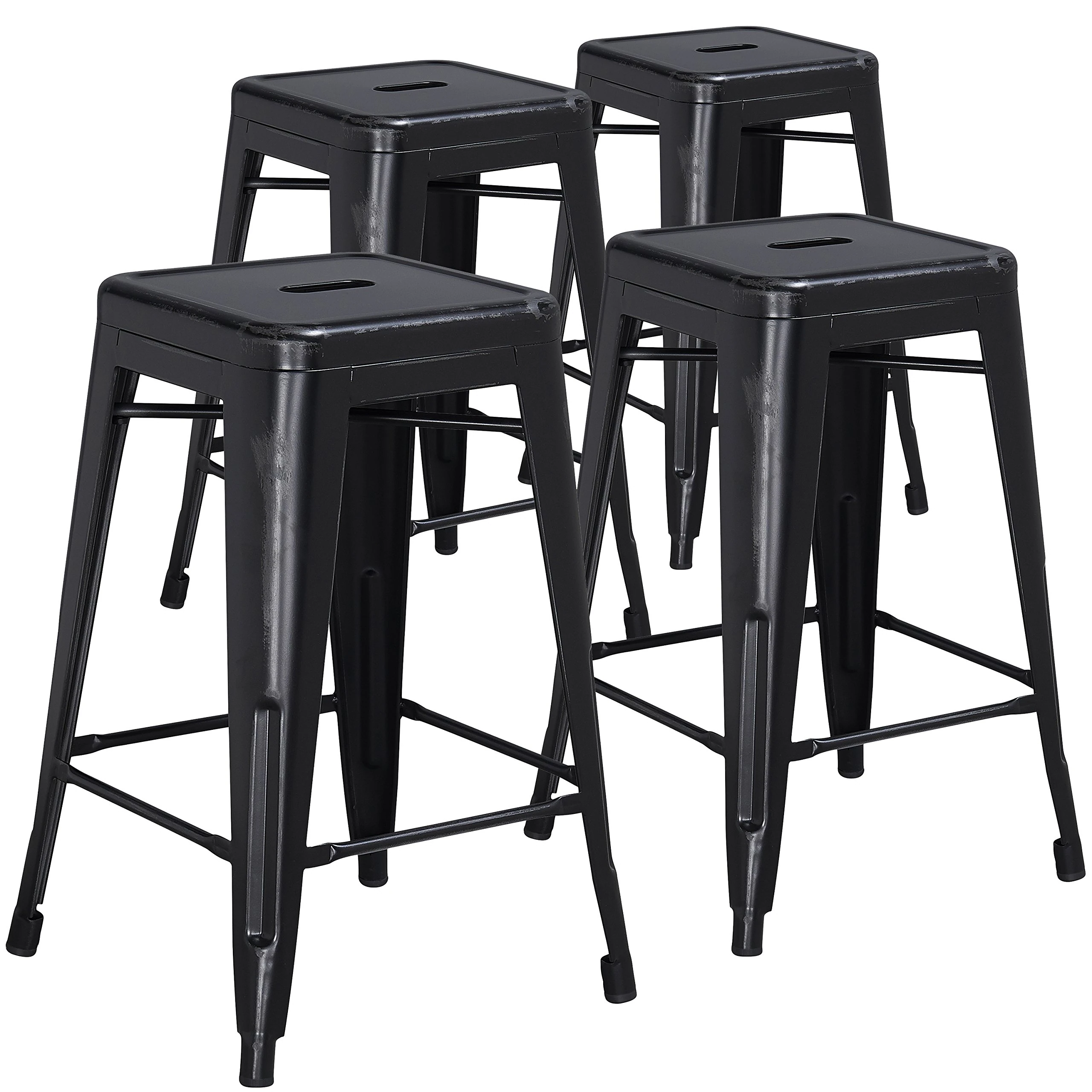 Flash Furniture Kai Commercial Grade 4 Pack 24" High Backless Distressed Black Metal Indoor-Outdoor Counter Height Stool