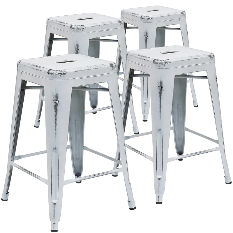Flash Furniture Kai Commercial Grade 4 Pack 24" High Backless Distressed White Metal Indoor-Outdoor Counter Height Stool